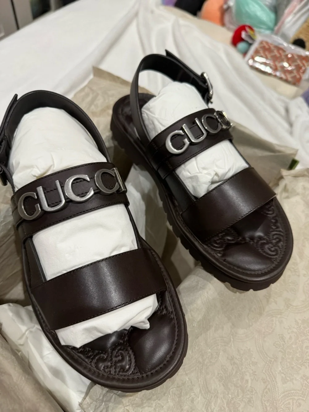 Gucci Dark Brown Leather Logo Buckle Sandals UK7